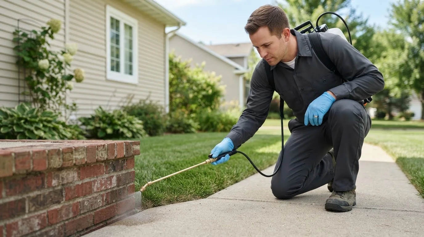 Pest control technician treating a home near Amelia Court House, VA